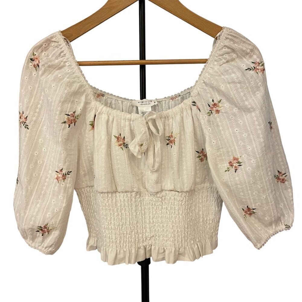 Kirious Women Peasant Blouse Size L Cottagecore Embroidered Milkmaid Romantic